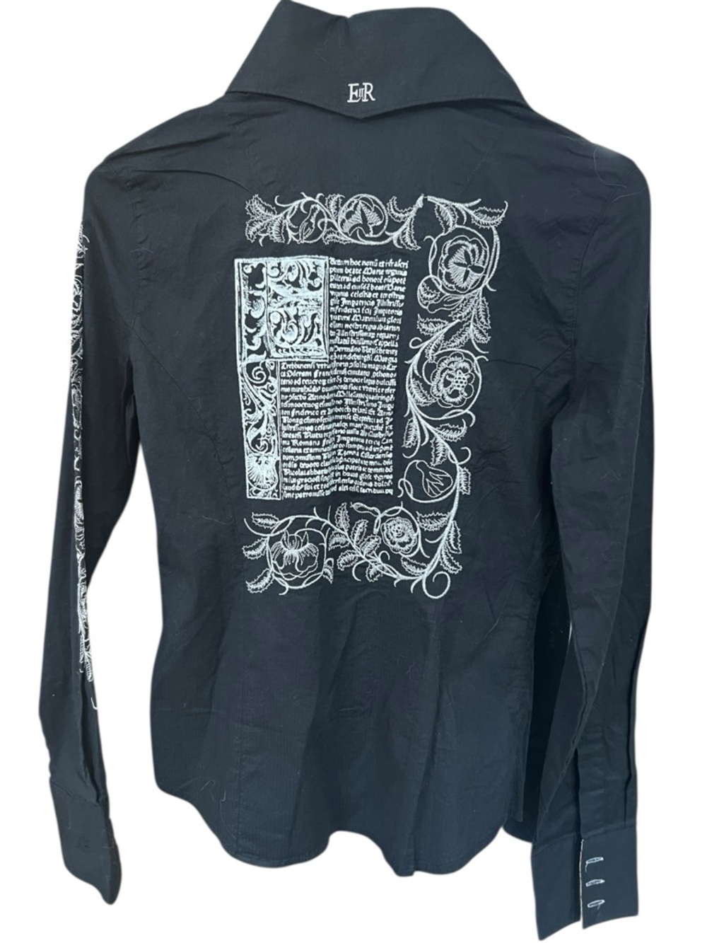 Women’s English Rose Black Long-Sleeve Shirt with White Floral Embroidery - Picture 3 of 8